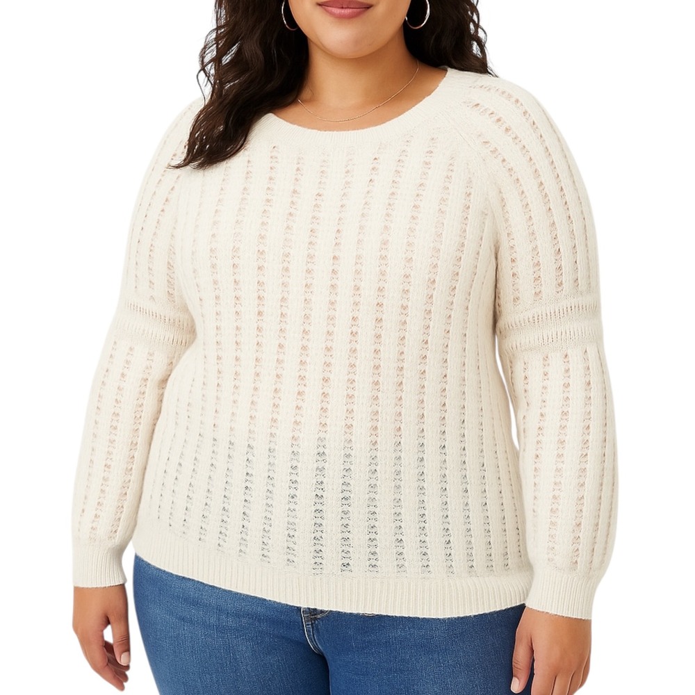 LOFT Ivory White Cable Knit Sweater Women's XXL Mohair Wool Blend Pullover Cozy‎